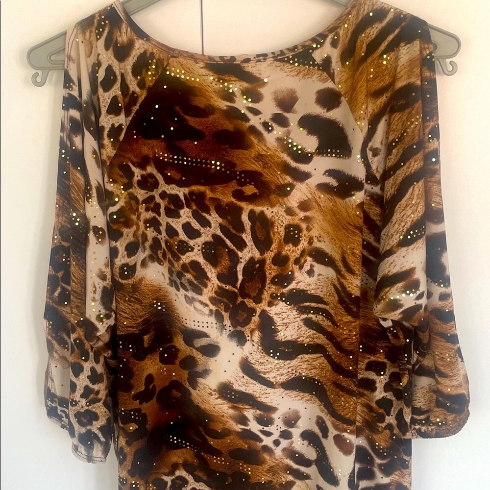 🇺🇸Animal Print Cold Shoulder Blouse with Gold Accents Slit Sleeves Made In USA